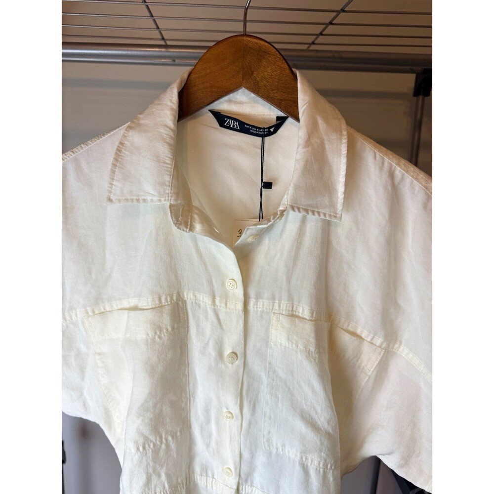 ZARA NWT Ivory Button Front Mini Shirt Dress Size Small Elastic Waist 7385/117